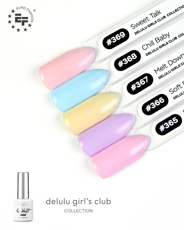 Pastelowa kolekcja lakierów hybrydowych Delulu Girls Club GELme ONE Coat na tipsach.