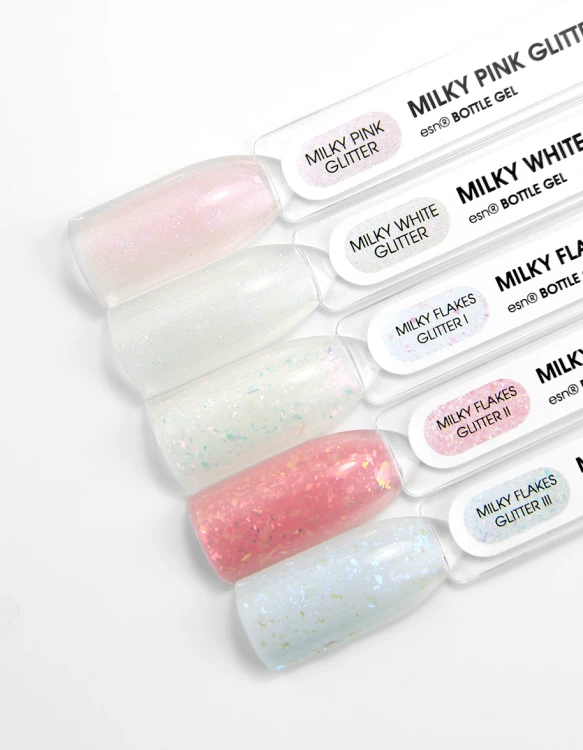 esn Bottle Gel builder gel 15 ml Milky Flakes Glitter I – opaque milky white with multicolour iridescent flakes