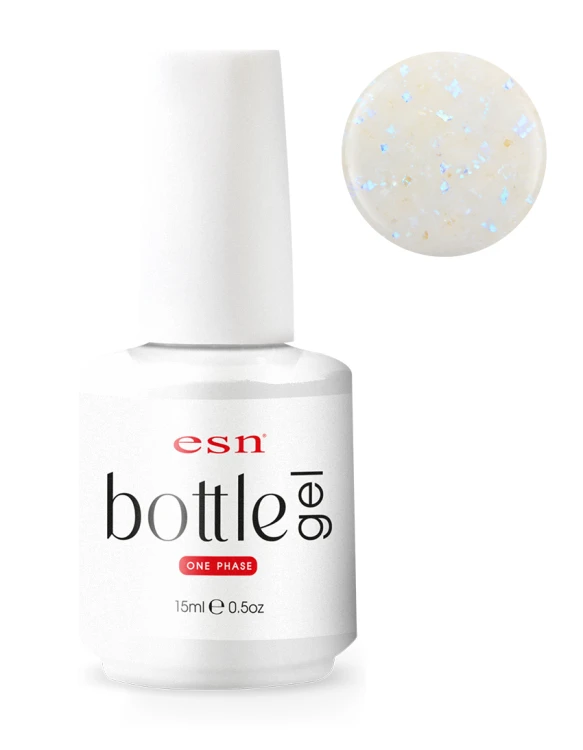 esn Bottle Gel builder gel 15 ml Milky Flakes Glitter III – opaque cool milky white with a blue undertone and iridescent flakes